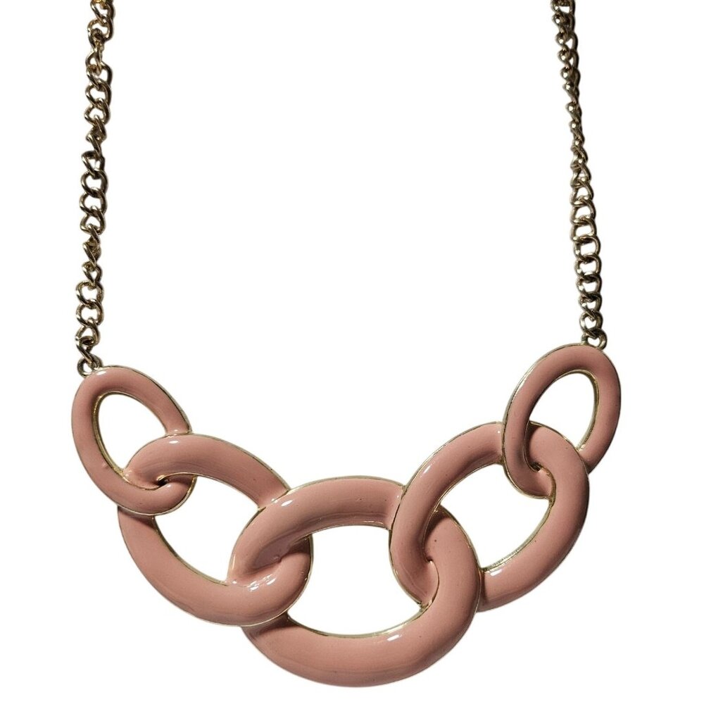Elegant Bold Chunky Pink Enamel Link Statement Necklace Gold Tone Chain Jewelry